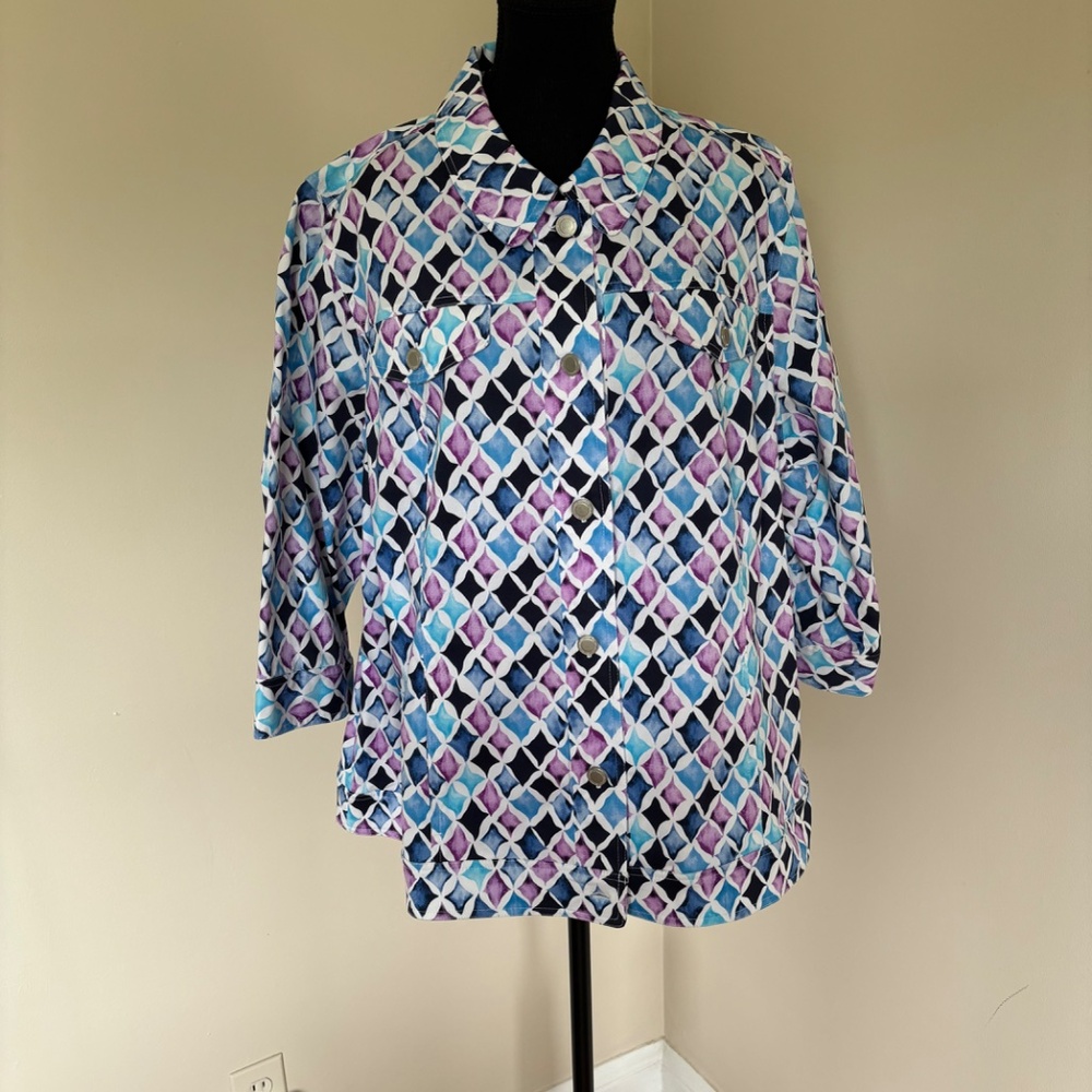 CJ Banks Multicoloured Button Up Jacket with 3/4 Sleeves 2X